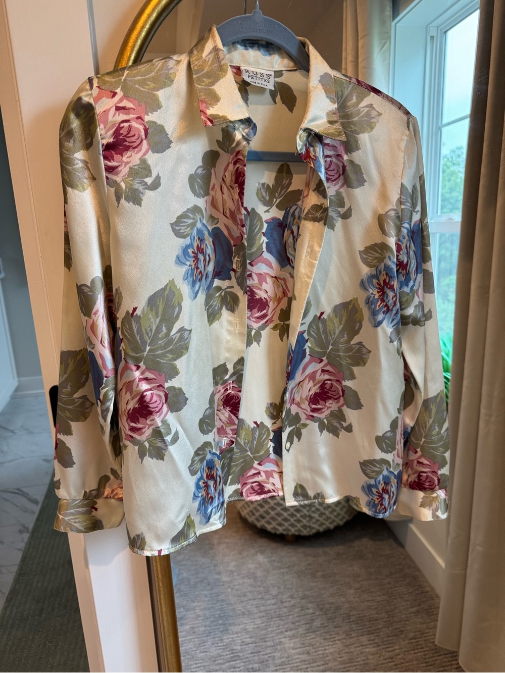VINTAGE Russ Petites Cream Satin Blouse with Pink & Blue Floral Print